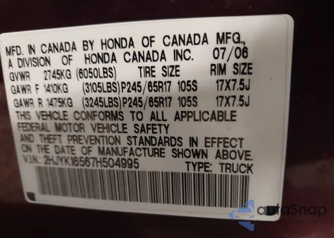 2007 Honda Ridgeline Rtl z USA, uszkodzony, nr VIN 2HJYK16567H504995